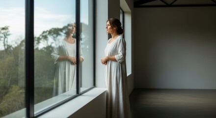 Woman in white dress looks out large window reflecting nature outside.