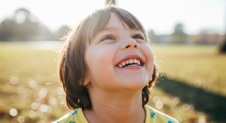 Happy child looking up outdoors with bright sunlight and bokeh background.