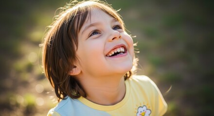Happy young child looking up outdoors with bright sunlight