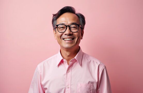 Happy Asian man in pink shirt and eyeglasses. He is smiling and looking. Adult male with short hair and glasses on pink background. Cheerful middle-aged man in casual attire.