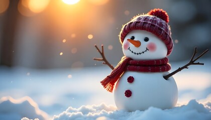 Obraz premium a cheerful snowman wearing a wool hat and scarf, standing on a snowy landscape with warm sunlight and soft bokeh lights, perfect for christmas