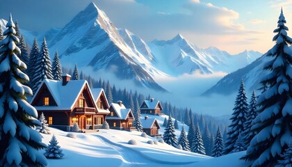 Fototapeta premium Digital matte painting of Santa’s village nestled behind snowy mountains, surrounded by pine trees and a magical winter landscape, perfect for christmas