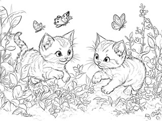 Fototapeta premium Two Kittens Playing with Butterflies Coloring Page