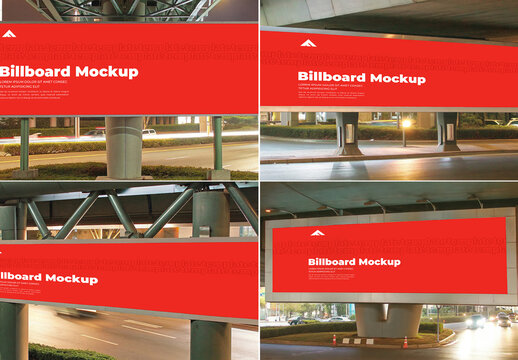 Wide View Set of Multiple Large Outdoor Billboard Mockups in a City Environment