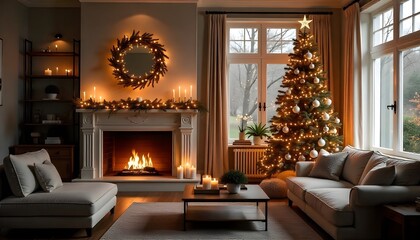 Stylish living room interior with a warm fireplace and beautifully decorated Christmas tree, featuring elegant holiday decorations