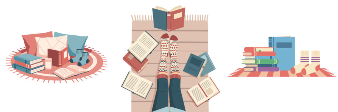 Books and socks on floor rug vector illustration for cozy home design, reading blog and lifestyle content