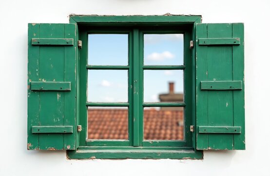 Green wooden shutters open on a white wall. Glass panes reflect blue sky with clouds. Traditional building exterior detail shows tiled rooftops and chimney.