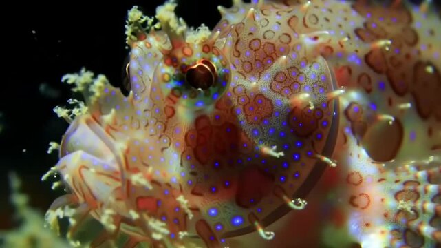 Close up of a vibrant reef fish with intricate patterns against a dark backdrop