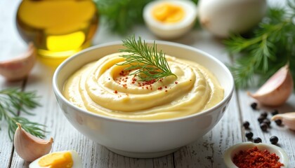 Creamy homemade mayonnaise in white bowl, garnished with dill, paprika. Fresh ingredients like olive oil, garlic cloves, boiled egg arranged around on rustic wood table. Picture shows delicious
