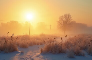 Golden sunrise beams through thick winter fog illuminating frosted grass and bare trees. Snowy fields stretch toward distant woods under a hazy orange sky with power lines.
