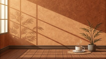 A cup of coffee on a table with warm sunlight and shadows