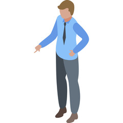 Business Man In Light Blue Shirt And Dark Tie Standing And Pointing Finger Isolated On White Background