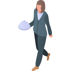 Businesswoman in a dark suit holding a silver serving tray with a lid walking on a white background