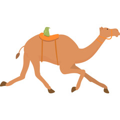 Brown Camel With Orange Saddle And Green Pouch Trotting With Transparent Background
