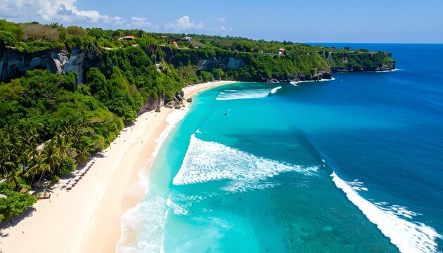 Aerial view of a stunning tropical beach with brilliant turquoise water gently lapping a white sand shore, bordered by lush green cliffs under a clear blue sky, offering an idyllic paradise escape
