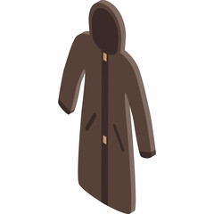 Brown Hooded Long Jacket With Zipper Closure And Pockets Isolated On White Background Isometric View