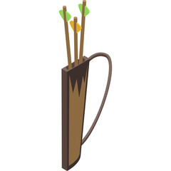 Brown Leather Quiver With Three Arrows Featuring Green and Yellow Fletching Isolated On White Background Flat Design Isometric View
