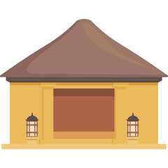 Brown Roof Traditional Building With Yellow Walls And Two Lanterns On White Background Detailed Illustration