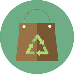 Brown paper shopping bag with green recycling symbol on a teal circular background with a handle showing eco friendly concept for sustainability and reuse of resources