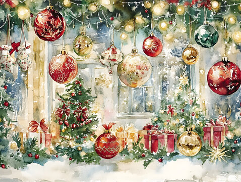 Watercolor illustration of christmas gifts and decoration