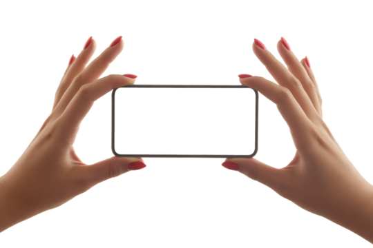 Elegant hands showcase modern smartphone horizontally for immersive viewing experience, capturing attention.