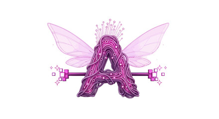 Purple letter A of bundled threads w/ wings, antenna & pixel accents