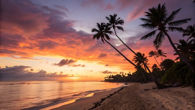 Vibrant tropical sunset over a sandy beach with palm trees - Powered by Adobe