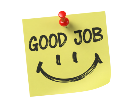 Express your appreciation and celebrate achievements with a "Good Job" sticky note featuring a cheerful smiley face, perfect for motivation.