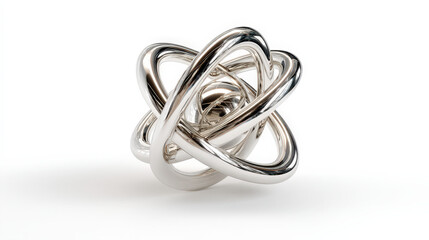 Fototapeta premium Abstract metallic sculpture with interwoven loops and spheres against a clean white background
