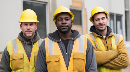 Construction Site Workers Standing in Line on Industrial Worksite