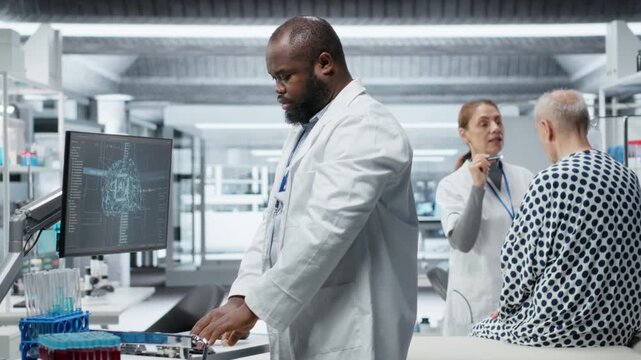 Black medic recording pharmacology data with artificial intelligence, analyzing patient reaction for a new drug testing with machine learning and neural networks. Medical progress. Camera B.