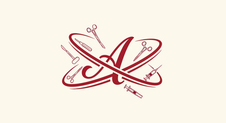 Atom-style design with stylized A and medical tools in burgundy