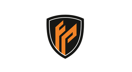 A black shield with an orange monogram on a white backdrop