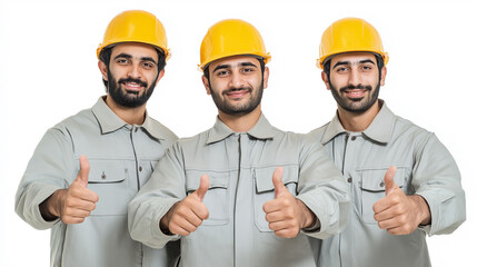 Three construction workers of different races standing confidently together – teamwork, diversity, and inclusion at a modern construction site