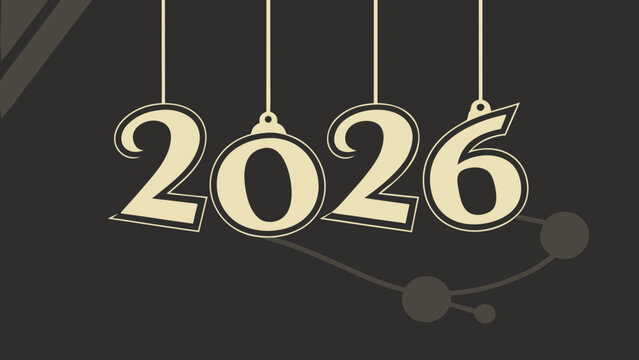Elegant 2026 numbers hanging as ornaments on a dark background