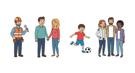 Vector  illustration depicting a construction worker a couple a child playing and a diverse family group