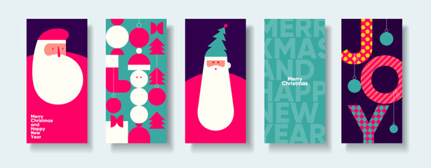 A vibrant set of five Christmas-themed banners featuring abstract designs of Santa Claus, ornaments, and festive text. The bold colors of red, teal, and purple create a modern holiday aesthetic