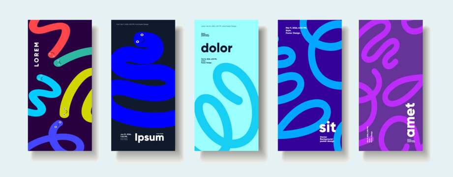 A vibrant collection of five abstract posters featuring playful, colorful squiggles and bold typography. Each design showcases a unique combination of colors and shapes, creating a modern and dynamic