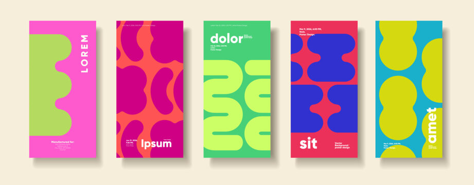 A vibrant collection of abstract poster designs featuring bold colors and organic shapes. Each poster showcases a unique combination of hues and patterns, perfect for modern graphic design