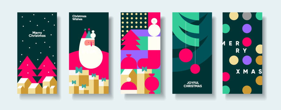 A vibrant collection of five modern Christmas-themed banners featuring abstract designs. Each banner showcases festive elements like Santa, Christmas trees, ornaments, and gift boxes in bold