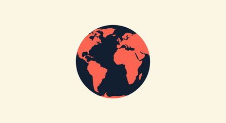 Circular graphic showing continents in red against a navy background