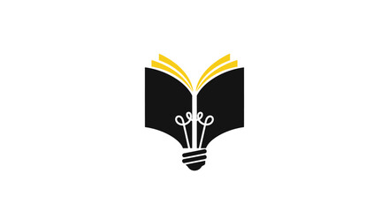 Book-bulb hybrid open black book with yellow pages fuses into an Edison bulb