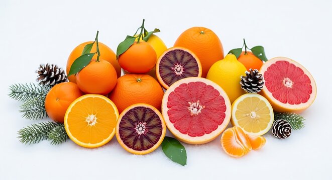Assorted citrus fruits with pine cones on snow for winter holidays