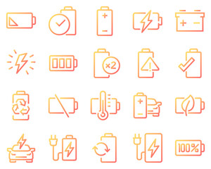 Line icons set of batteries and electric charging. Includes power indicators, eco energy, EV, battery levels, temperature, and safety symbols for UI, apps, and infographics	