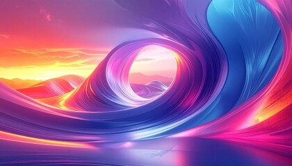 creating a glowing tunnel or portal. The background features a colorful mountain landscape and twilight sky, blending natural elements with futuristic and surreal shapes.d