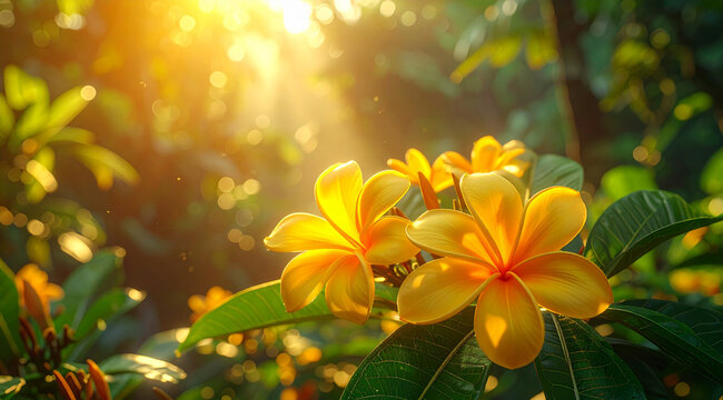 Golden hour glow illuminates vibrant yellow tropical blossoms, creating a serene and warm natural landscape with soft light rays filtering through lush green foliage