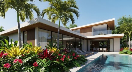 Fototapeta premium Modern Architecture Oasis, Contemporary Luxury Villa with Tropical Landscape