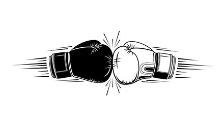 Dynamic clash of black and white boxing gloves in a powerful graphic emblem, representing sports combat and rivalry