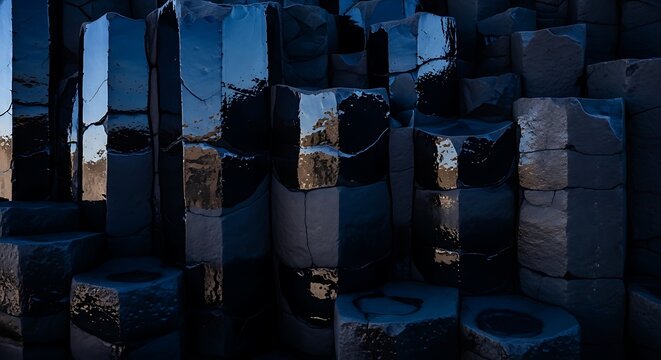Stunning dark basalt columns reflecting the distant sky in twilight