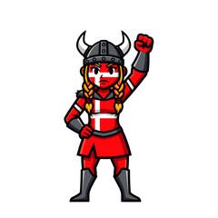 Fototapeta premium Powerful Danish warrior woman as a cartoon icon, female viking with the flag of Denmark